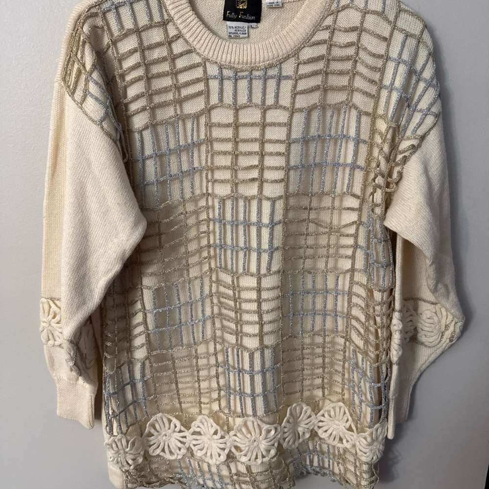 Vintage 80s Glam Fully Fashion Women’s Cream Sweater Sparkle Gold Silver overlay